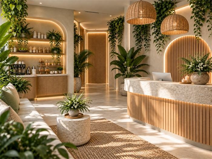 Accueil du studio de Pilates avec comptoir arrondi et boutique – projet Ubud, Bali