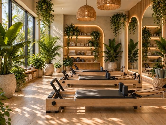 Salle de Pilates avec reformers face aux baies vitrées – projet Ubud, Bali