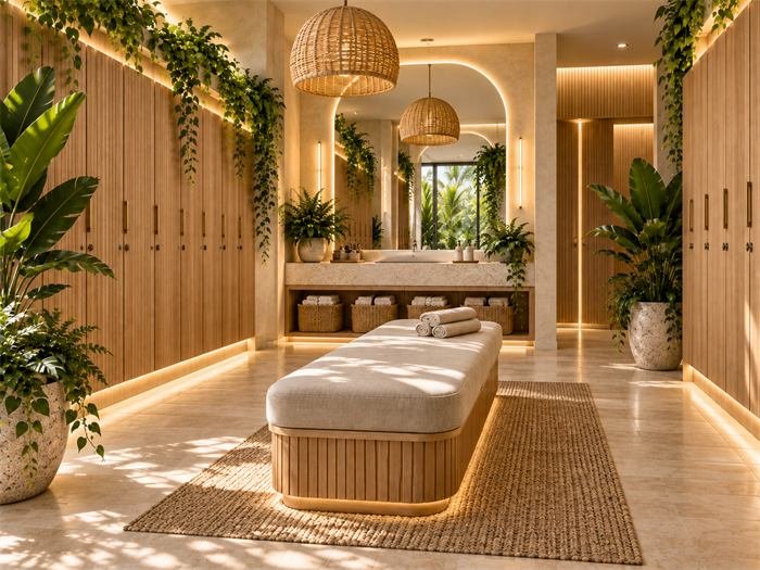 Espace détente et vestiaires en bois – projet Ubud, Bali