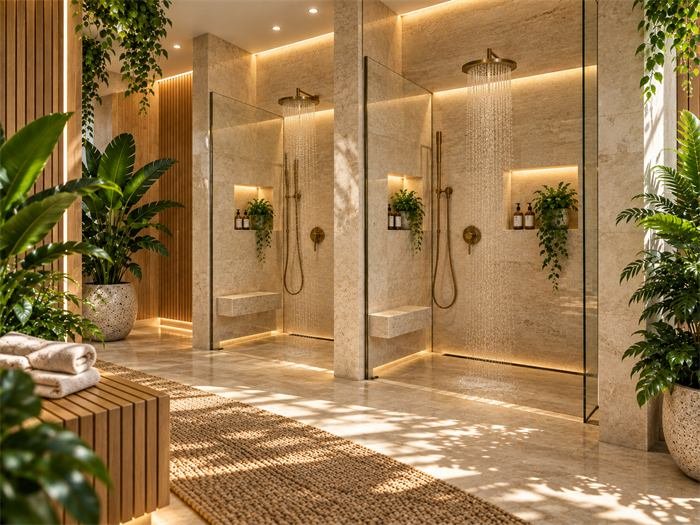 Douches en pierre claire et plantes – projet Ubud, Bali