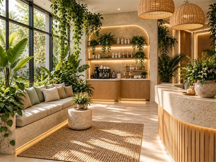 Coin salon de l'accueil avec banquette et tapis en jute – projet Ubud, Bali