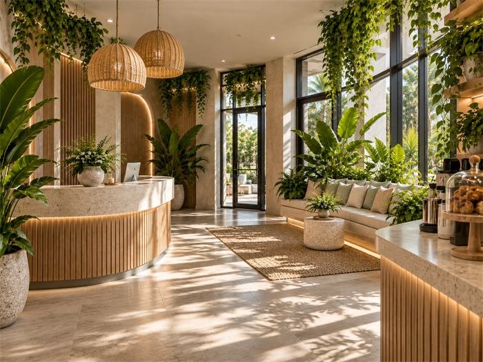 Comptoir d'accueil arrondi vers l'entrée du studio – projet Ubud, Bali